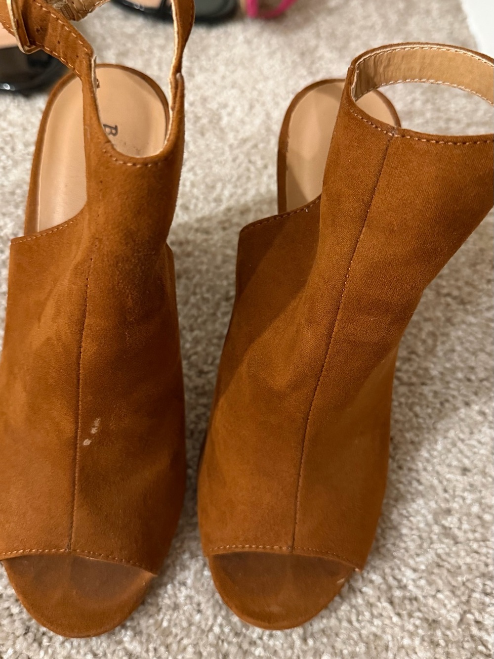 BAMBOO Open-Toe Slingback Mules in Chestnut Brown Suede
